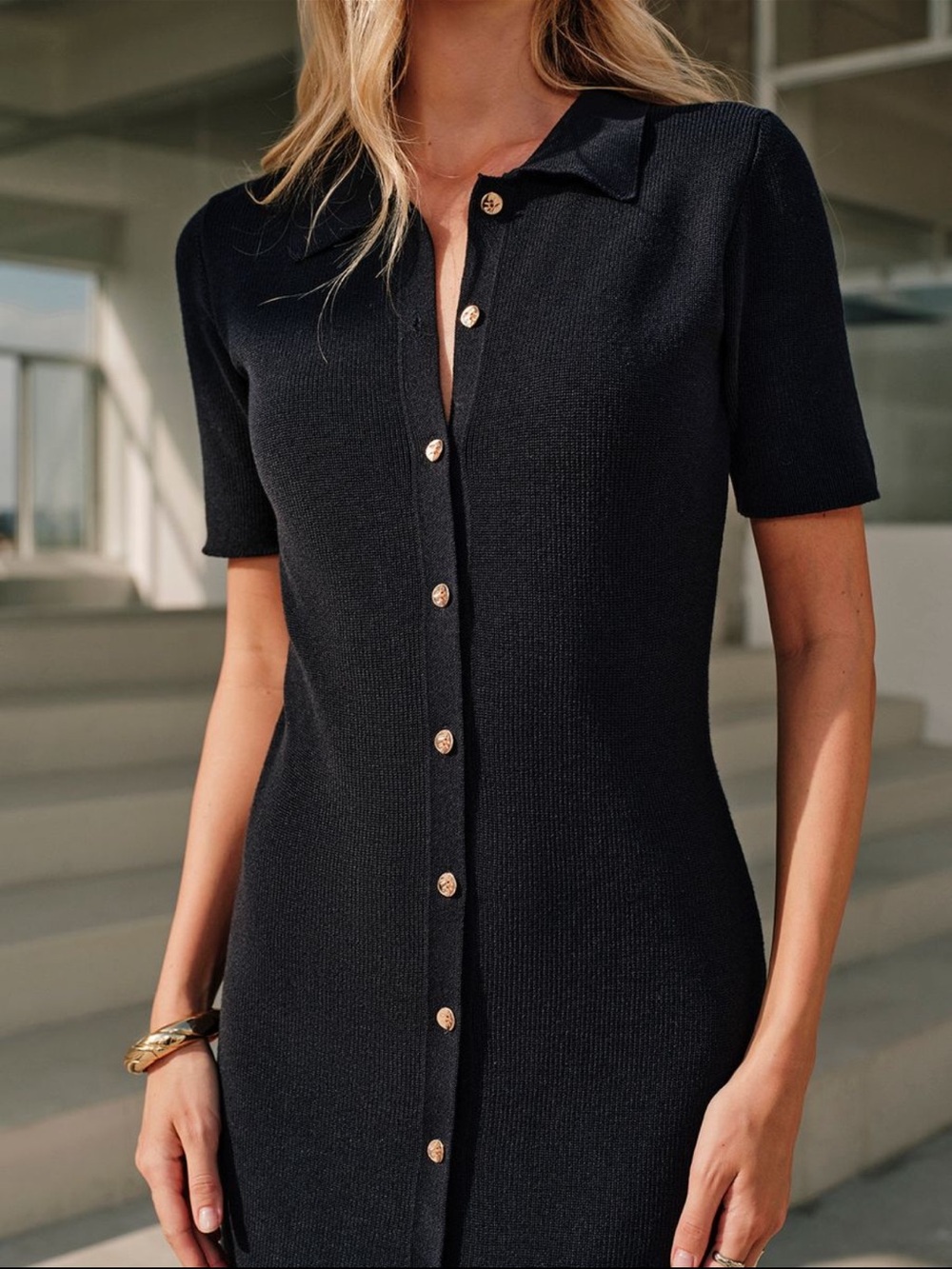 NWT Commense Black Short-Sleeve Button-Front Midi Dress - Picture 4 of 5